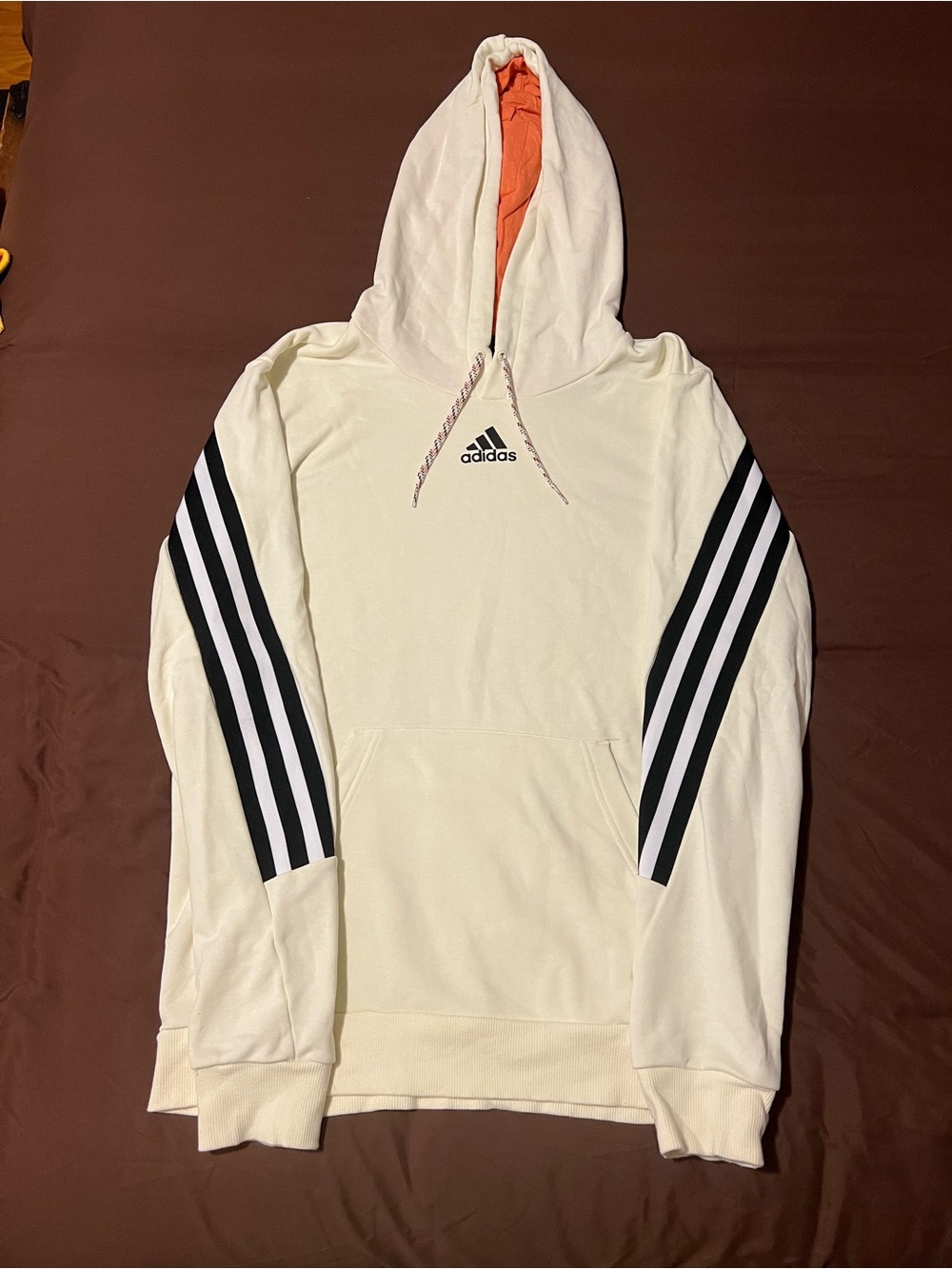 adidas Cream Hoodie with Black Sleeve Stripes and Orange Hood Lining